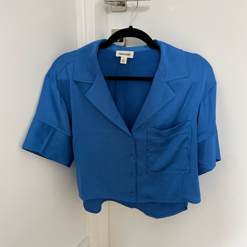 Open edit blue boxy camp shirt